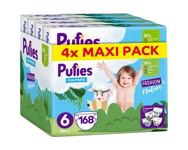 Scutece Pufies Fashion &amp; Nature, Marimea 6 Extra Large, 13+ kg, 168 buc