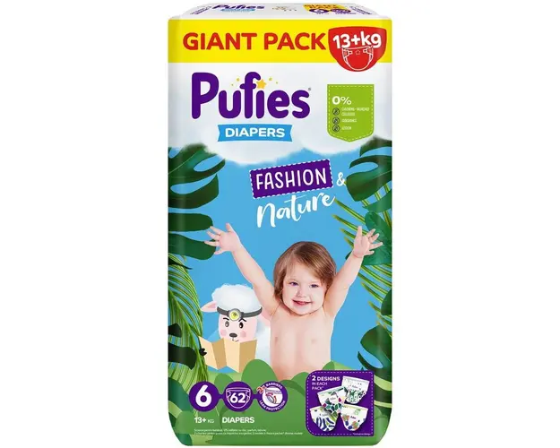 Scutece Pufies Fashion&amp;Nature, Marimea 6 Extra Large, 13+ kg, 62 buc, Giant Pack