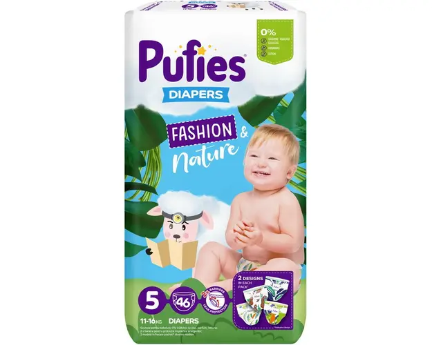 Scutece Pufies Fashion &amp; Nature, Maxi Pack, 5 Junior, 11-16 kg, 46 buc