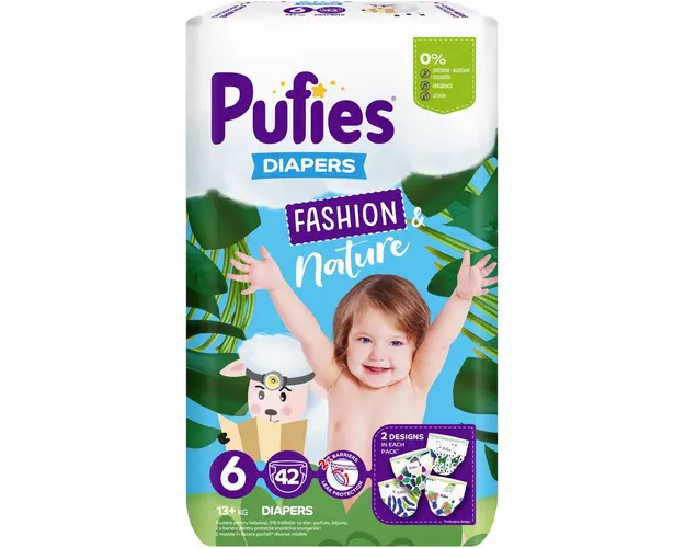Scutece Pufies Fashion &amp; Nature , Maxi Pack, 6 Extra Large, 13+ kg, 42 buc