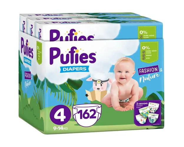 Scutece Pufies Fashion&Nature, Monthly Pack, 4 Maxi, 9-14 kg, 162 buc