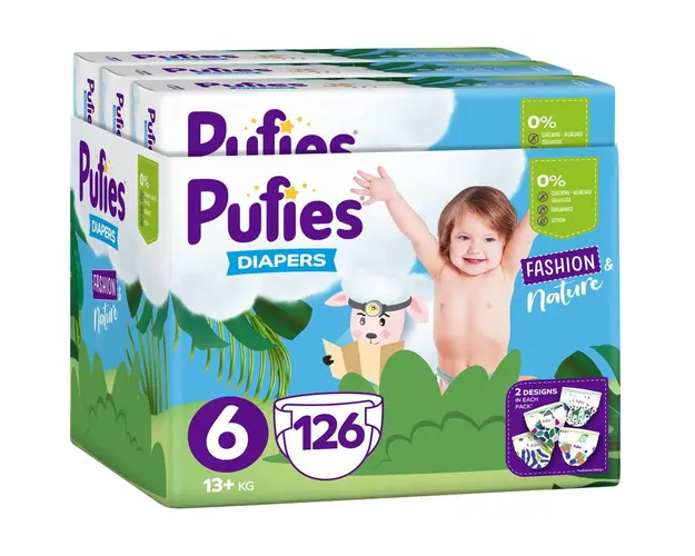 Scutece Pufies Fashion&amp;Nature, Monthly Pack, 6 Extra Large, 13+ kg, 126 buc