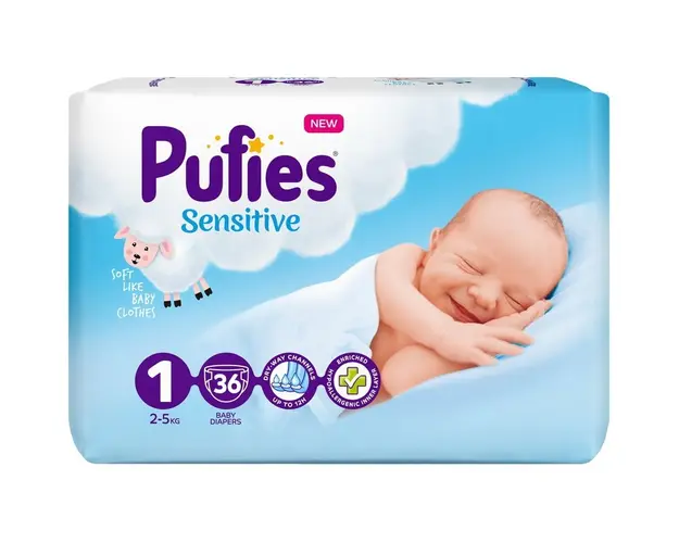 Scutece Pufies Sensitive, 1 Newborn, New born Pack, 2-5 kg, 36 buc
