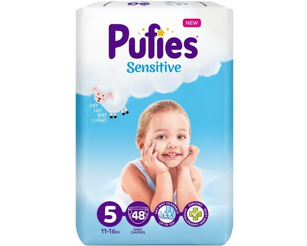 Scutece Pufies Sensitive, 5 Junior, Maxi Pack, 11-16 kg, 48 buc