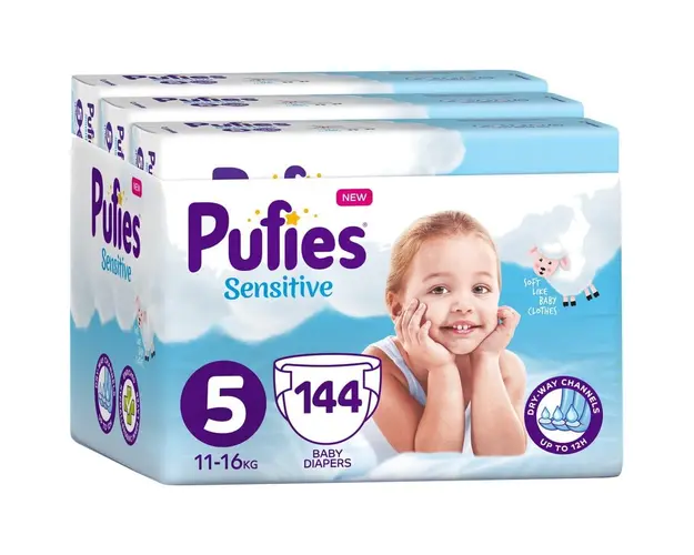 Scutece Pufies Sensitive, 5 Junior, Monthly Box, 11-16 kg, 144 buc