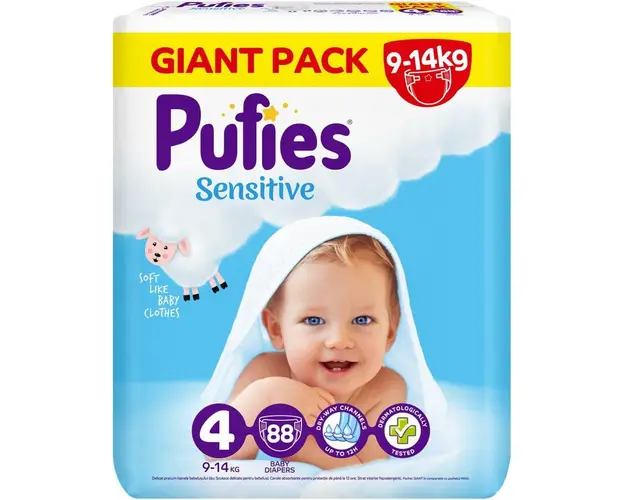 Scutece Pufies Sensitive, Marimea 4 Maxi, 9-14 kg, 88 buc, Giant Pack