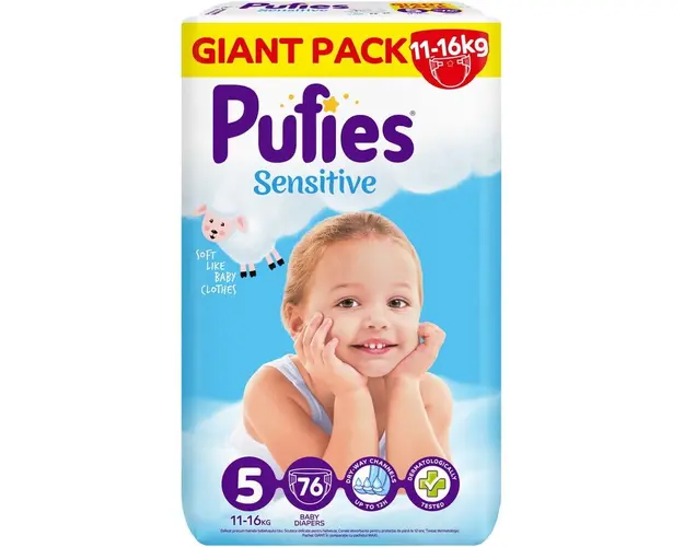Scutece Pufies Sensitive, Marimea 5 Junior, 11-16 kg, 76 buc, Giant Pack