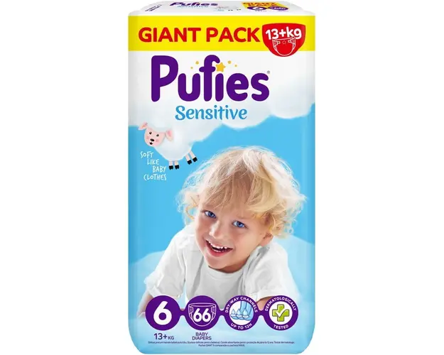 Scutece Pufies Sensitive, Marimea 6 Extra Large,13+ kg, 66 buc, Giant Pack