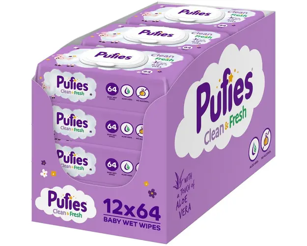 Servetele umede Pufies Clean&amp;Fresh cu Aloe Vera, 12 pachete x 64 buc, 768 buc