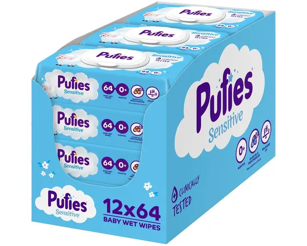 Servetele umede Pufies Sensitive, 12 pachete x 64 buc, 768 buc