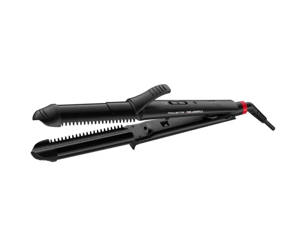 Aparat de coafat multifunctional 3 in 1 Rowenta x Karl Lagerfeld Fashion Stylist CF451LF0, 66W, invelis ceramic, temperatura reglabila 170-200 C, varf rece, generator de ioni, incalzire rapida in 45s, negru &amp; rosu