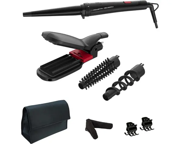 Aparat de coafat Rowenta x Karl Lagerfeld Infinite Looks CF422LF0, 9 accesorii, invelis ceramic, placa 2 in 1 pentru creponat/indreptat, geanta pentru transport, manusa de protectie, 48 W, varf rece, negru/rosu