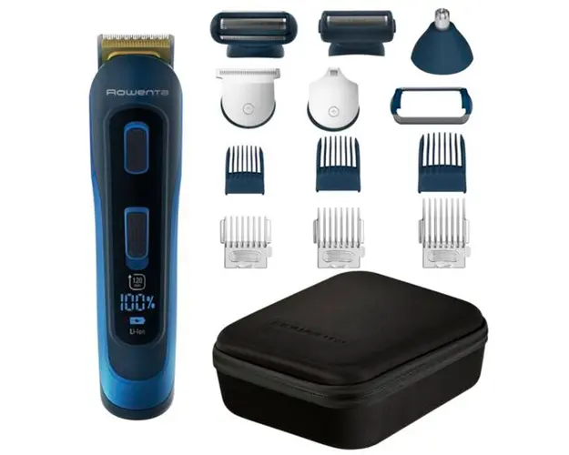 Aparat de tuns parul si barba Rowenta Selectium 14 in 1 TN9460F4, 6 piepteni reglabili, 32 de setari, accesoriu ras barba si parul corporal, accesoriu nas&amp;urechi, lama de precizie pentru barba, husa, autonomie 120 min, wet&amp;dry, negru/albastru