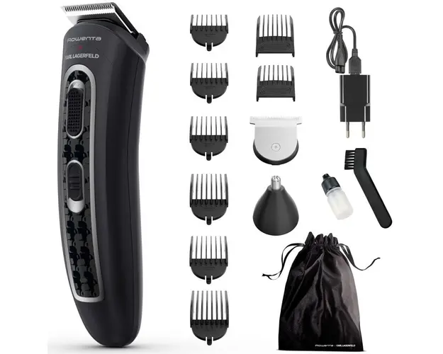 Aparat de tuns parul si barba Rowenta x Karl Lagerfeld Trim &amp; Style 12 in 1 TN911LF0, autonomie 120 min, capat pentru barba cu 2 piepteni, capat pentru par cu 6 piepteni, accesoriu nas&amp;urechi, 6500 rpm, kit curatare&amp;intretinere, husa, negru/r