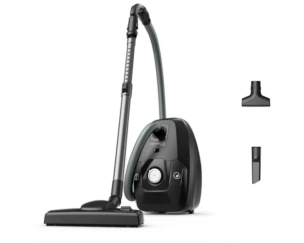 Aspirator cu sac Rowenta Green Force Max Silence RO6136EA, 750W, 70% plastic reciclat, 3 niveluri de filtrare, sac Hygiene+, lungime cablu 8.4m, recipient praf 4.5L, perie EasyBrush, indicator umplere sac, Negru/ argintiu