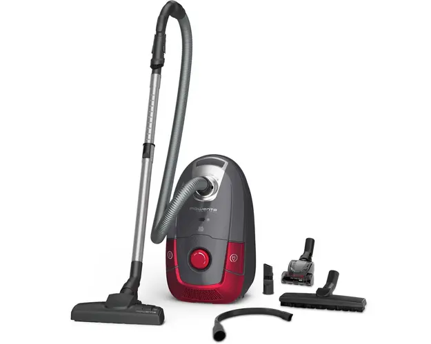 Aspirator cu sac Rowenta Power XXL RO3186EA, 4.5 L, 450 W, 3 trepte de filtrare, sac Hygiene+, lungime cablu 8.4m, recipient praf 4.5L, perie EasyBrush, Rosu/ gri