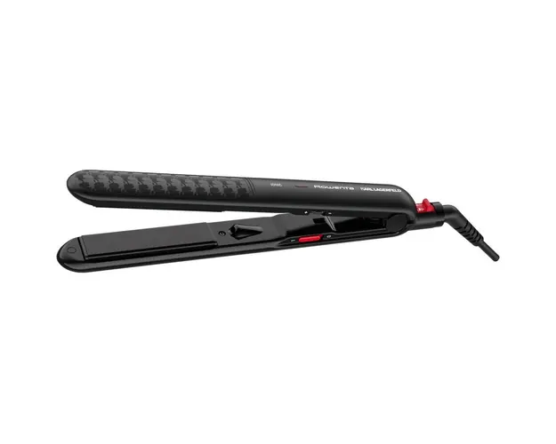 Placa de indreptat parul Rowenta x Karl Lagerfeld Optiliss SF323LF0, invelis Keratin &amp; Glow, varf rece, temperatura ajustabila, timp de incalzire de 30 secunde, negru/rosu