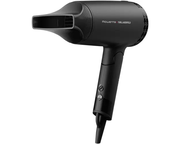 Uscator de par Rowenta x Karl Lagerfeld Express Style CV184LF0, 1600 W, 2 trepte de temperatura/viteza, invelis Keratin &amp; Glow, tehnologia Effiwatts, jet de aer rece, pliabil, concentrator, negru
