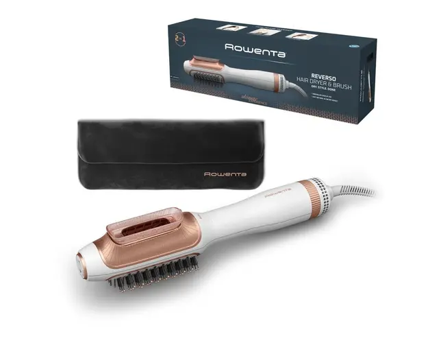 Uscator de par si perie cu aer cald Rowenta Reverso 2 in 1 CF9820F0, 2 trepte de viteza/temperatura, husa transport inclusa, alb &amp; auriu