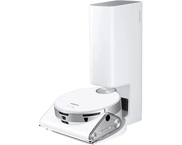 Aspirator Robot Samsung Jet Bot AI VR50T95735W/GE, 170W, Recunoastere obiecte AI, LiDar, Senzor 3D; trepte, Monitorizare video, Statie de colectare Clean Station, Motor Digital Inverter, Filtrare 99.999%, Select & Go, No go Zone, Alb