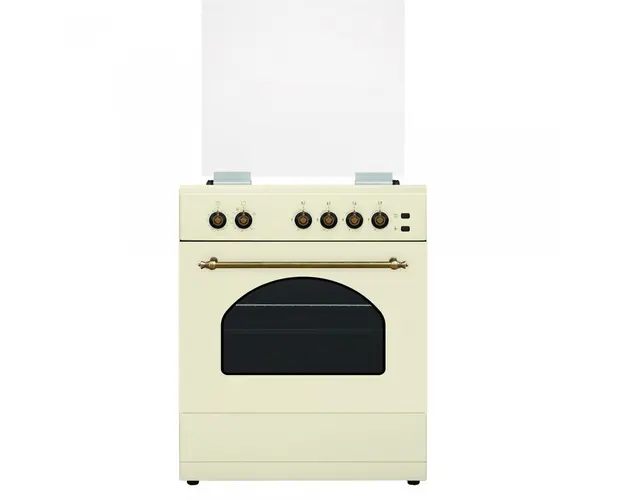 Aragaz Samus SR660S4C, Gaz, 4 arzatoare, Arzator WOK, 55 L, Aprindere electrica, Capac sticla, Timer, 60x60 cm, Design rustic, Vintage Beige