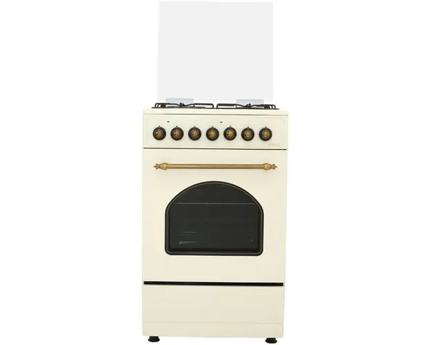 Aragaz Samus SR550EL3C, Mixt, 3 arzatoare gaz, 1 arzator electric, Aprindere electrica, Siguranţa plita, Gratare din fonta, Cuptor electric, 48 L, 3 functii cuptor, 50x55 cm, Design Rustic, Vintage beige