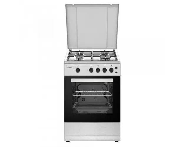 Aragaz Samus SM450XPBS, 4 Arzatoare, Latime 50 cm, Aprindere electrica plia, 49 L, Cuptor gaz, Siguranta plita si cuptor, Inox