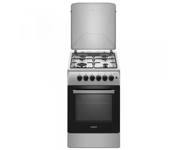 Aragaz Samus SM561XPBS, 4 Arzatoare gaz, Cuptor gaz, Aprindere electrica plita, Timer, Sigurante plita si cuptor, Inox/ Argintiu