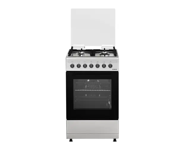 Aragaz Samus SM562AENS INOX, 4 arzatoare, cuptor electric, aprindere electrica, 7 functii cuptor, grill, timer mecanic, capac de sticla, inox