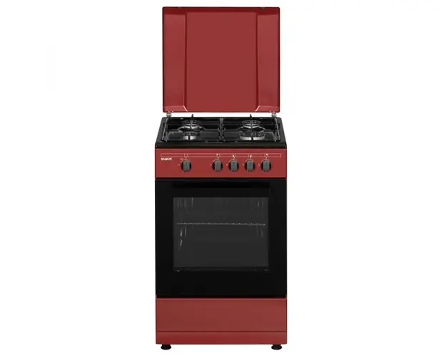 Aragaz Samus SM566APGS BURGUNDY/BLACK, 4 arzatoare, cuptor gaz, capac metalic, Plita neagra - corp rosu - Burgundy