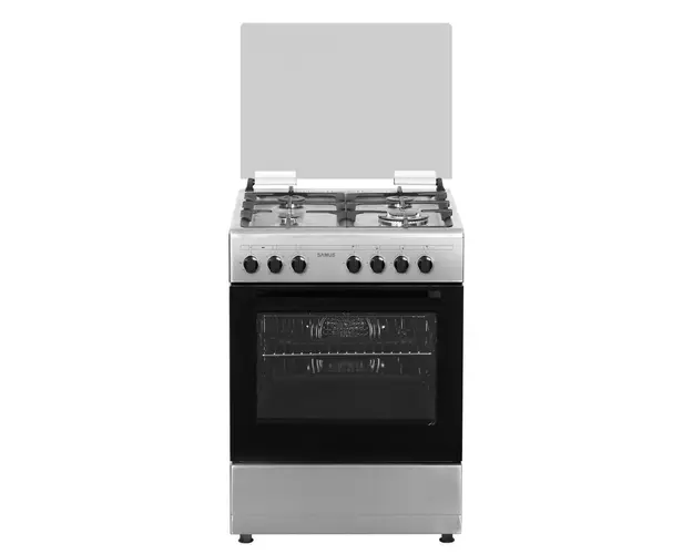 Aragaz Samus SM662AENS INOX, 4 arzatoare, cuptor electric, 1 arzator WOK, aprindere electrica, grill, timer mecanic, capac de sticla, partial inox