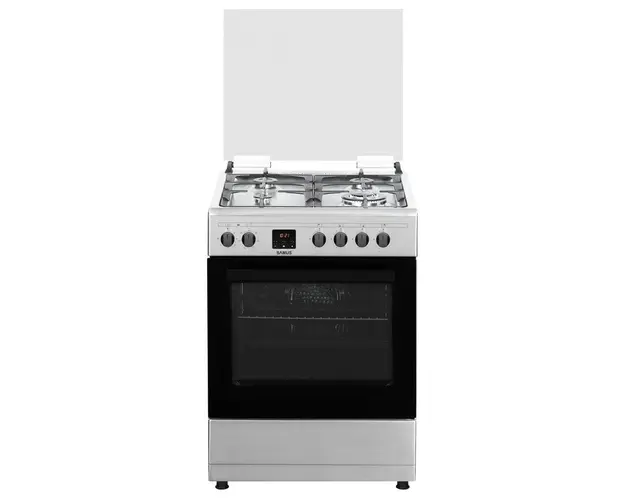 Aragaz Samus SM663AENS INOX, Gaz, 4 arzatoare, 1 arzator WOK, aprindere electrica, timer digital, capac de sticla, inox