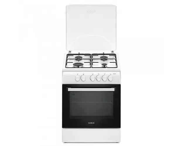 Aragaz Samus SM664ANS, 4 Arzatoare gaz, Cuptor gaz, Timer, Sigurante plita si cuptor, Alb