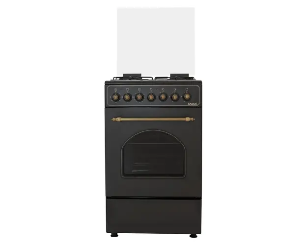 Aragaz Samus SR550EL3B, Mixt, 3 arzatoare gaz, 1 arzator electric, Aprindere electrica, Siguranţa plita, Gratare din fonta, Cuptor electric, 48 L, 3 functii cuptor, 50x55 cm, Design Rustic, Vintage black