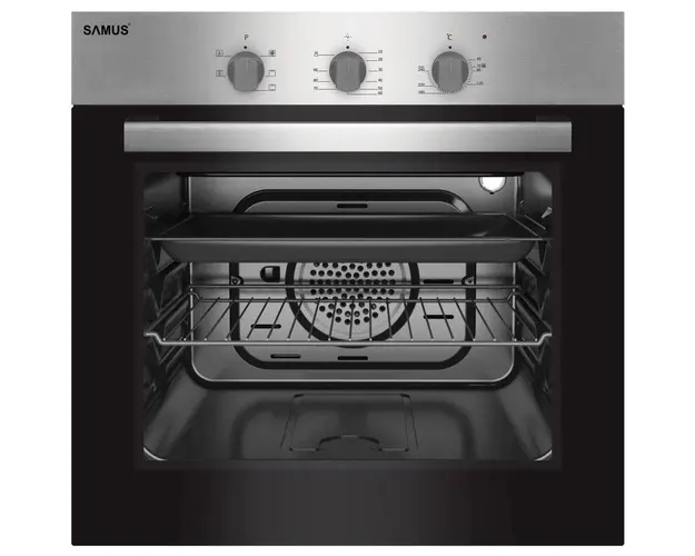 Cuptor incorporabil Samus SC616GTXV, Electric, 62 L, 5 functii, Timer, Ventilaţie tangenţiala de racire, Clasa A, Geam Low-E, Butoane ergonomice, Maner metalic, Negru/Inox