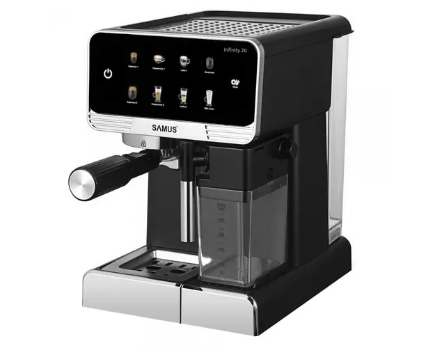 Espressor Automat Samus INFINITY 20, 1350 W, 20 Bari, Rezervor apa 1800 ml, Rezervor lapte 500 ml, 7 Optiuni de cafea, Duza spumare lapte si tavita de colectare detasabile, Negru/Inox