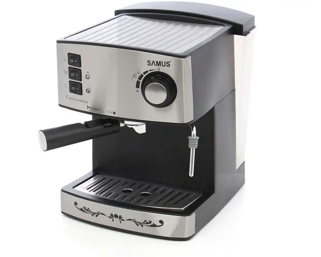Espressor Samus Espressimo Silver, 15 bari, 1.6 L, Filtru inox, Duza abur pentru cappuccino, Plita preincalzire cesti, Negru/Inox