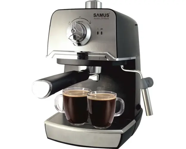 Espressor Samus Aroma 20 Black, Presiune 20 bari, 1.2 L, Duza abur pentru cappuccino, Filtru inox, Negru/Inox