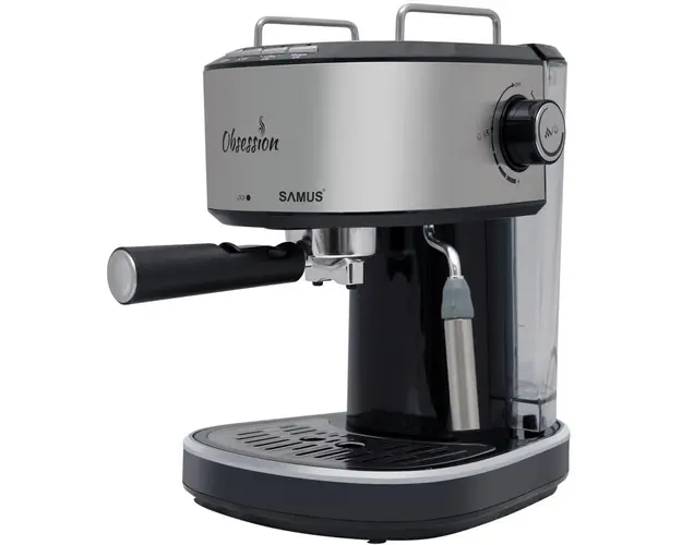 Espressor Samus Obsession 20, Presiune 20 bari, 1.2 L, Dispozitiv spumare, Filtru inox, Buton 1 ceaşca/2 ceşti, Negru/Inox