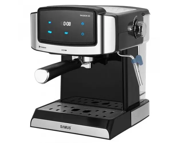 Espressor Samus Passion 20, 850 W, Presiune abur 20 bari, Touch Control, Rezervor apa 1500 ml, Filtru detasabil din inox, Duza capuccino, Negru/Inox