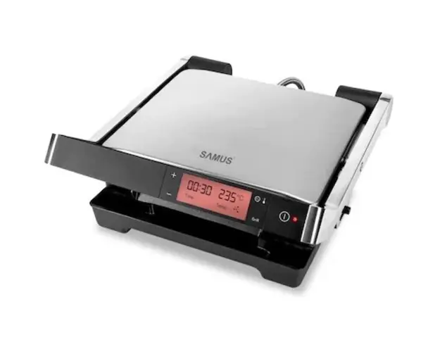 Gratar electric Samus GTS-2030ACX, 2000 W, Ecran Digital, Timer, Avertizare sonora, Functie Dezghetare, Inox/ Negru