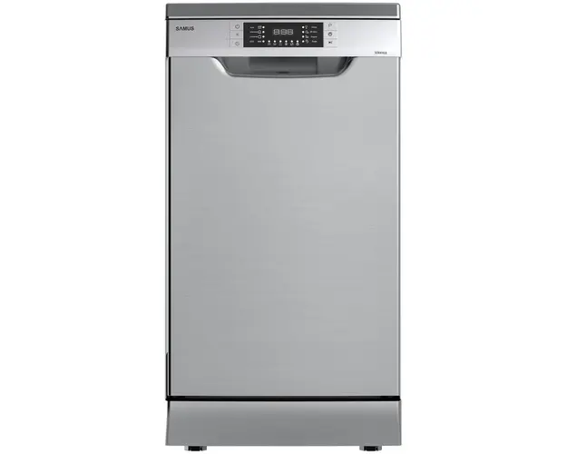 Masina de spalat vase Samus SDX410.8, 10 seturi, Latime 45 cm, 8 Programe, Clasa energetica E, Afisaj electronic, Pornire intarziata, Inox/Argintiu