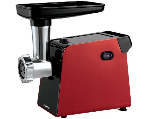 Masina de tocat carne Samus SMT1210RED, 1200 W, Cuţit din inox, 3 site metalice, Accesoriu rosii, Accesoriu pentru carnaţi, Culoare rosie