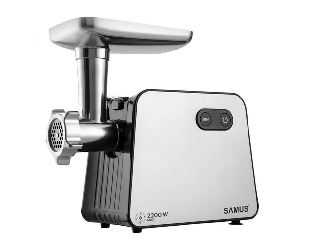 Masina de tocat carne Samus SMT2200X, 2200 W, Cuţit din inox, 1 viteza + revers, 3 site din otel, Accesoriu rosii, Accesoriu pentru carnaţi, Negru/Inox