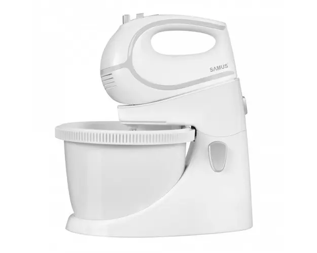 Mixer cu bol Samus SMX-500V, 500 W, 5 viteze + Turbo, Accesorii amestecat, Accesorii framantat, Buton Eject, Vas rotativ, Alb