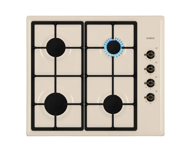 Plita incorporabila Samus PS650VS, Gaz, 4 arzatoare, Aprindere electrica, Gratare fonta, Siguranta arzatoare, Butoane design vintage, 58 cm, Culoare bej