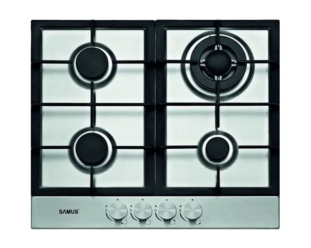 Plita incorporabila Samus PSG-64SX2, Gaz, 4 arzatoare, Arzator Wok, Gratare fonta, Aprindere electrica, Siguranta arzatoare, 58 cm, Inox