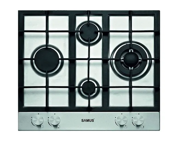 Plita incorporabila Samus PSG-64SX6, Gaz, 4 arzatoare, Arzator Wok, Gratar fonta, Aprindere electrica, Siguranta arzatoare, 58 cm, Inox