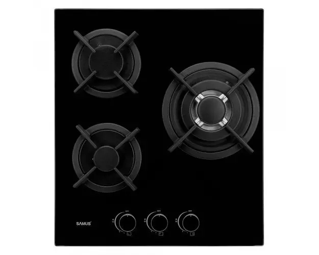 Plita Incorporabila Samus PSG-43SG1, 3 arzatoare pe gaz, Gratare din fonta, Sisteme de siguranta , Aprindere electrica, Sticla Neagra