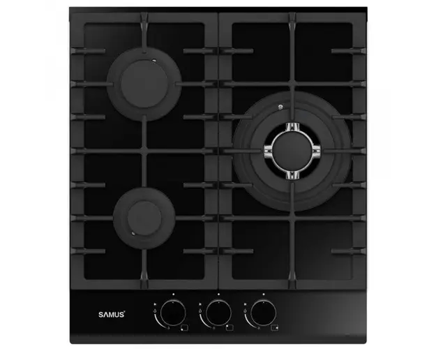 Plita incorporabila Samus PSG-43SG2, gaz, 3 zone, sticla, gratar fonta, aprindere electrica, negru